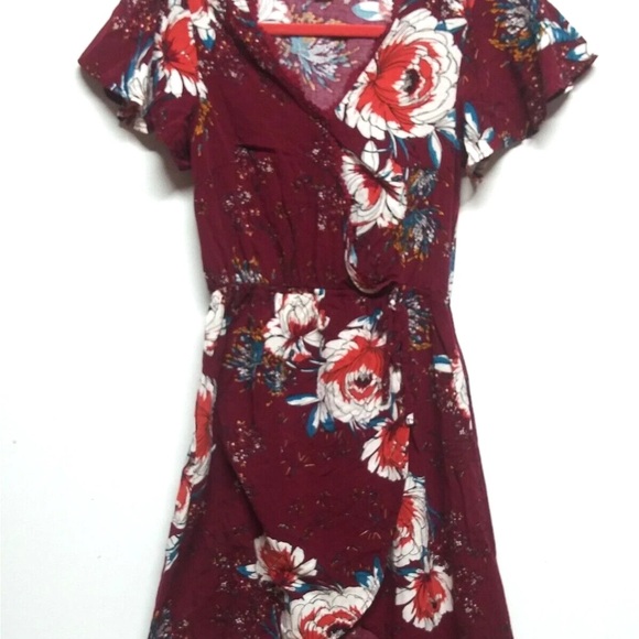 Burgundy Floral Dress XS pockets hi-lo boho mini slip dress romantic babydoll - Picture 8 of 11